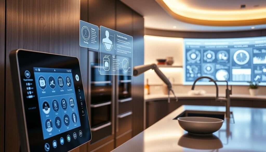 A modern, high-tech kitchen filled with sleek, integrated smart appliances and devices. In the foreground, a touchscreen digital control panel displays various menu options and settings. Floating holographic displays showcase recipe instructions and real-time data from connected sensors. The middle ground features a robotic arm assisting with food preparation, seamlessly blending with the kitchen's minimalist, stainless steel aesthetic. In the background, a large, curved OLED display acts as a digital backsplash, showcasing customizable ambient lighting and information dashboards. Soft, indirect lighting casts a warm, sophisticated glow over the entire scene, creating an atmosphere of effortless, futuristic luxury.