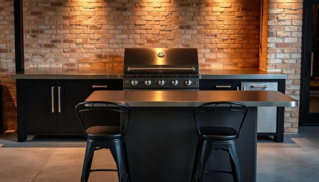 A modern industrial-style Blackstone outdoor kitchen with a sleek metal frame and durable stainless steel countertops. Matte black metal stools with minimalist designs are placed around a large Blackstone griddle, creating a cohesive and stylish setup. The kitchen is illuminated by warm, focused lighting, casting dramatic shadows and highlighting the textural details of the materials. The background features a neutral, weathered brick wall, complementing the industrial aesthetic. The overall composition conveys a sense of functionality, sophistication, and a passion for outdoor cooking.