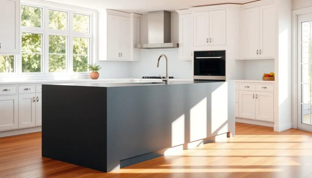 A modern kitchen with a charcoal gray island, bathed in soft, natural lighting that filters in through large, floor-to-ceiling windows. The island has a sleek, minimalist design with clean lines and a smooth, matte finish. Surrounding the island are crisp, white shaker-style cabinets and countertops, creating a striking contrast. The floors are a warm, hardwood that complements the overall palette. The room has an airy, open feel, with just a hint of shadow and depth, conveying a sense of understated elegance and refinement.