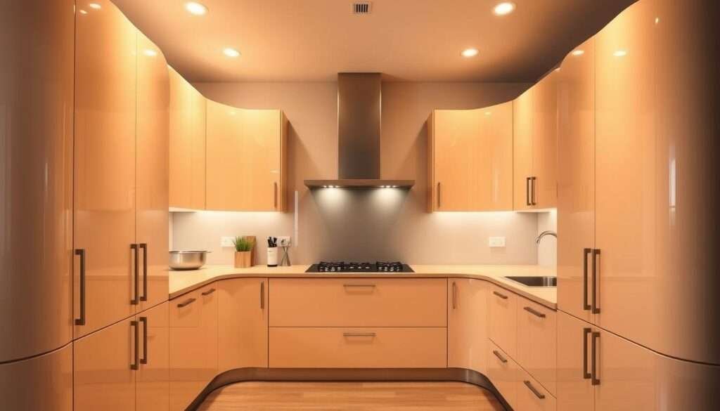 A modern kitchen with rounded, glossy cabinets in a warm, inviting palette. Soft indirect lighting from recessed fixtures casts a gentle glow, highlighting the smooth, reflective surfaces. The cabinets have a seamless, symmetrical design, their curved edges softening the overall aesthetic. A hint of wood grain adds natural texture, contrasting with the sleek, high-gloss finish. The layout is open and spacious, creating a harmonious, calming atmosphere perfect for the home chef. Subtle details like integrated handles and minimalist hardware complete the refined, contemporary look.