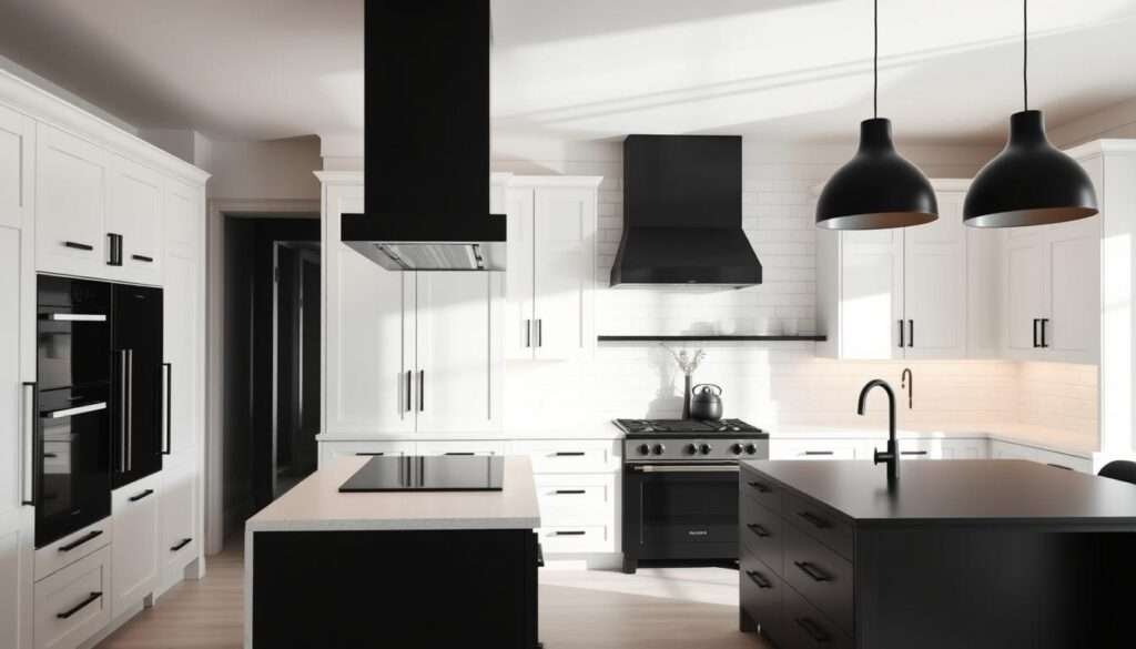 A modern, luxurious kitchen with sleek black accents against a backdrop of white shaker cabinets and countertops. The focal point is a stunning black range hood that cascades dramatically from the ceiling, casting dramatic shadows. Black matte hardware on the cabinet doors and drawers adds a touch of elegance, while a large black island anchors the space. Minimal yet impactful lighting, in the form of a pair of modern black pendant lights, illuminates the scene with a soft, cozy glow. The overall effect is one of refined sophistication, creating a striking visual contrast that elevates the entire kitchen design.
