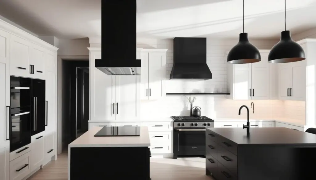 A modern, luxurious kitchen with sleek black accents against a backdrop of white shaker cabinets and countertops. The focal point is a stunning black range hood that cascades dramatically from the ceiling, casting dramatic shadows. Black matte hardware on the cabinet doors and drawers adds a touch of elegance, while a large black island anchors the space. Minimal yet impactful lighting, in the form of a pair of modern black pendant lights, illuminates the scene with a soft, cozy glow. The overall effect is one of refined sophistication, creating a striking visual contrast that elevates the entire kitchen design.