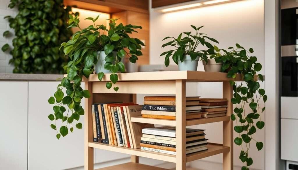 A modern, minimalist kitchen with a sleek, space-saving rolling island. The island is adorned with lush, verdant potted plants, their leaves cascading over the edges. Stacks of well-worn cookbooks line the island's shelves, their spines in a range of earthy tones. Warm, indirect lighting from above casts a soft, cozy glow, creating an inviting atmosphere. The island is positioned against a backdrop of clean, white walls, emphasizing its functional yet stylish design. The camera angle captures the island from a slightly elevated perspective, showcasing its compact yet versatile nature within the small kitchen space.
