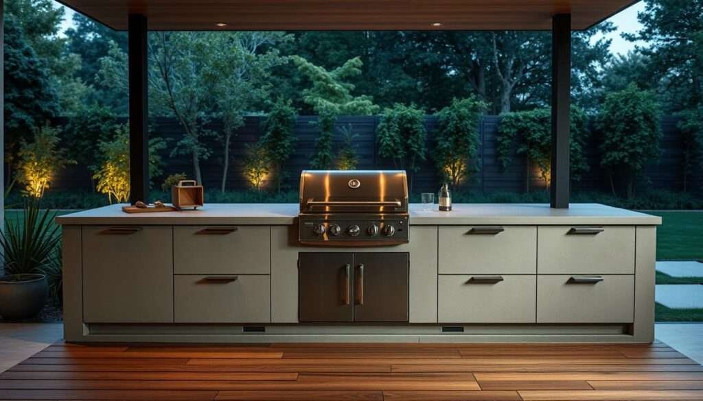A modern, minimalist outdoor kitchen design with a sleek, Blackstone grill station taking center stage. The kitchen features clean lines, muted tones, and natural materials like concrete, wood, and stainless steel. The Blackstone grill is the focal point, with a simple, unobtrusive design that blends seamlessly into the surroundings. The background is a tranquil, serene outdoor space with lush greenery and a subtle, diffused lighting that creates a calming ambiance. The scene is captured with a wide-angle lens, showcasing the harmonious integration of the kitchen into the natural environment.