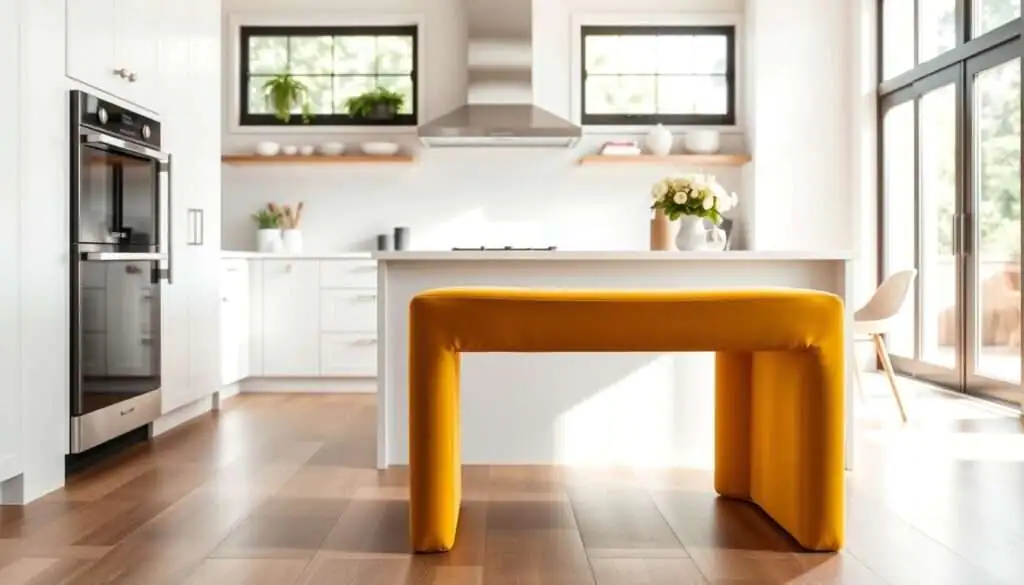 A modern mustard yellow velvet upholstered stool with clean, sleek lines and a subtly curved back. The stool is positioned in a bright, airy kitchen setting, illuminated by soft, natural lighting filtering through large windows. The smooth, glossy surface of the stool reflects the surrounding space, creating a sense of depth and elegance. The mustard hue of the velvet adds a warm, inviting touch, complementing the neutral color palette of the kitchen. The stool is set against a backdrop of minimalist white walls and hardwood floors, allowing it to take center stage as a stylish and functional focal point.