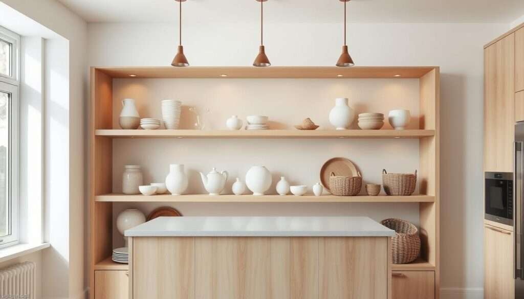 A modern, well-lit kitchen island with an open shelving design, showcasing an artful display of decorative ceramic dishes, porcelain vases, and woven baskets. The shelves are made of sleek, light-colored wood, complementing the clean, minimalist aesthetic of the kitchen. Soft, natural lighting from overhead fixtures casts a warm glow, highlighting the textures and colors of the curated items. The island's clean lines and ample counter space create a functional and stylish focal point, perfect for a small, space-savvy kitchen.
