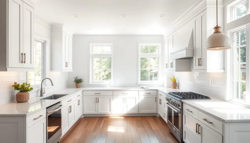 A modern white Shaker kitchen, flooded with natural light streaming through large windows. The clean lines and simple, minimalist design of the cabinets create a serene, timeless aesthetic. Quartz countertops gleam under the warm glow of pendant lights, complementing the matte white finish. Stainless steel appliances add a touch of contemporary flair, while the neutral color palette and wood accents evoke a sense of rustic elegance. The spacious layout allows for effortless flow and functionality, making this the heart of a truly sophisticated culinary space.