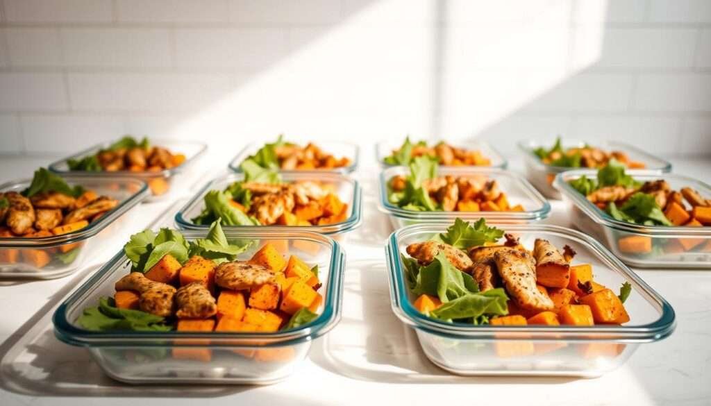 A neatly arranged kitchen countertop showcases a variety of meal prep containers, each filled with a delectable combination of blackened chicken, roasted sweet potatoes, and fresh greens. Soft natural lighting illuminates the scene, casting a warm glow on the meticulously prepared dishes. The containers are positioned in an orderly fashion, with a sense of balance and attention to detail. In the background, a minimalist white wall provides a clean and uncluttered backdrop, allowing the vibrant colors of the food to take center stage. The overall atmosphere conveys a sense of healthy, organized, and intentional meal planning, perfectly capturing the essence of the "Step-by-Step Instructions" for the Healthy Blackened Chicken and Sweet Potato Meal Prep Bowls.