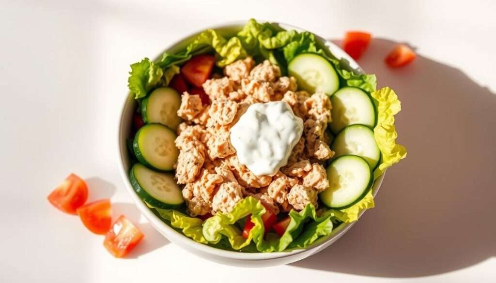 A neatly arranged low carb meal prep bowl, featuring a center mound of lightly seasoned, juicy turkey gyro meat, surrounded by a vibrant mix of fresh cucumber slices, crisp romaine lettuce leaves, diced tomatoes, and a dollop of creamy tzatziki sauce. The bowl is set against a clean, minimalist backdrop, illuminated by soft, natural lighting from the side, casting warm shadows and highlights that accentuate the delicious textures and colors of the ingredients. The composition is balanced and visually appealing, inviting the viewer to savor the healthy, flavor-packed meal.