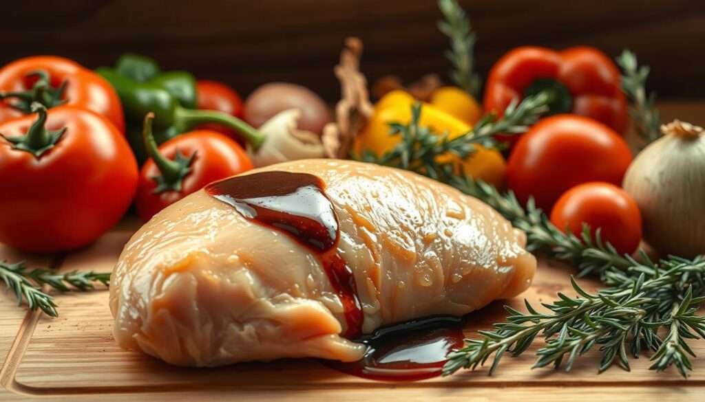 A neatly arranged still life of fresh, vibrant ingredients for a hearty chicken recipe. In the foreground, the spotlight captures a tender chicken breast, its golden-brown skin glistening. Surrounding it, an array of earthy, fragrant vegetables - ripe tomatoes, crisp bell peppers, and aromatic onions - are scattered across a wooden cutting board. In the middle ground, a drizzle of rich balsamic glaze, its deep, complex notes hinting at the flavors to come. In the background, a scattering of fragrant herbs - rosemary, thyme, and oregano - add depth and complexity. The lighting is warm and natural, casting subtle shadows that accentuate the textures and colors of the ingredients. The overall mood is one of anticipation, inviting the viewer to imagine the delicious, satisfying meal that will be prepared from these flavorful components.