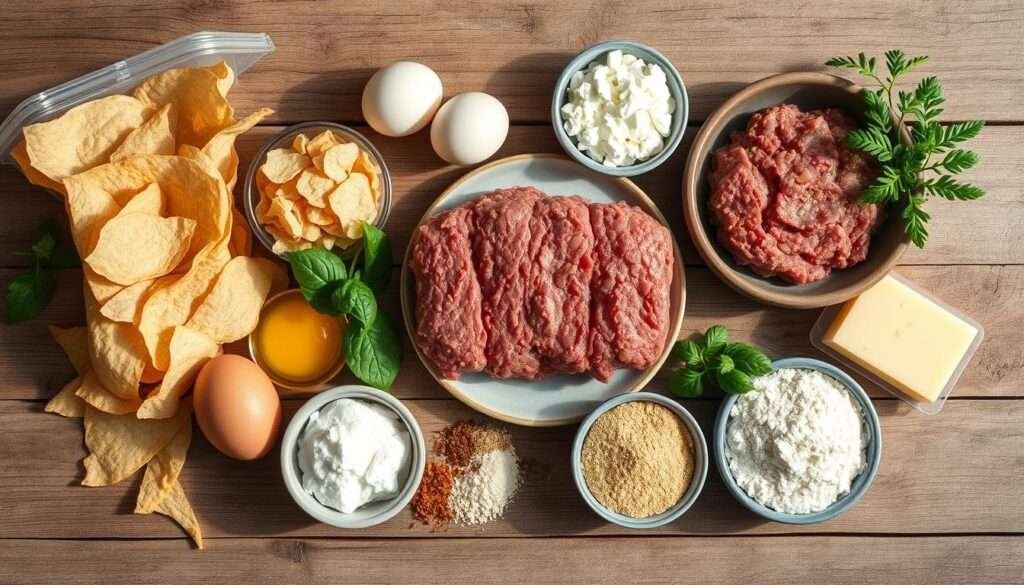 A neatly arranged still life of the ingredients for a keto meatloaf dish, featuring a selection of pork rinds, ground beef, eggs, almond flour, Parmesan cheese, and spices. The items are displayed on a rustic wooden surface, with natural lighting casting soft shadows and highlighting the textures of the various components. The composition is balanced and visually appealing, conveying the wholesome and nutritious nature of the dish. The overall mood is one of culinary craftsmanship and health-conscious indulgence.