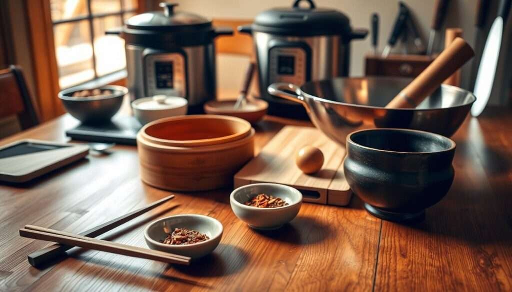 A neatly organized arrangement of Asian-inspired dinner tools and utensils on a wooden table, bathed in warm, golden lighting. In the foreground, a pair of elegant, lacquered chopsticks, a bamboo steamer, and a small ceramic bowl filled with fragrant spices. In the middle ground, a sleek, stainless-steel wok, a wooden cutting board, and a traditional Asian mortar and pestle. In the background, a modern rice cooker and a set of sharp, Japanese-style knives. The overall atmosphere is one of culinary harmony and mindful preparation, setting the stage for a delicious, spicy-sweet salmon dinner.