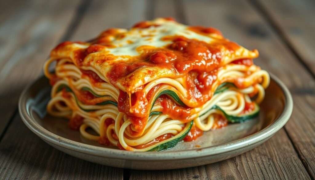 A perfectly lit, close-up shot of a delectable keto zucchini noodle lasagna, showcasing its vibrant layers of zucchini noodles, creamy cheese, and savory tomato sauce. The noodles are evenly sliced, with a tender yet firm texture. The cheese is melted to a golden-brown perfection, and the sauce glistens with a rich, tomatoey hue. The dish is presented on a rustic wooden table, with a clean, minimalist background that allows the mouthwatering lasagna to take center stage. Soft, directional lighting highlights the dish's depth and texture, casting gentle shadows that add depth and dimension. The overall scene conveys a sense of culinary mastery and the delicious rewards of a well-executed keto zucchini noodle lasagna.