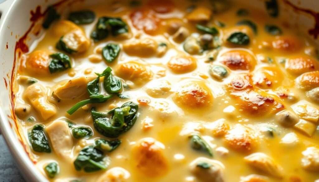 A piping hot casserole dish filled with tender chicken, vibrant spinach, and rich artichoke hearts, bathed in a creamy, keto-friendly cheese sauce. The casserole's golden-brown, bubbly top beckons, inviting a closer look at the layers of flavors within. Subtle shadows and highlights accentuate the dish's hearty, homemade appearance, set against a softly blurred background that emphasizes the tempting focal point. The overall scene evokes a sense of comfort and satisfaction, perfectly capturing the essence of this delectable spinach artichoke chicken bake.