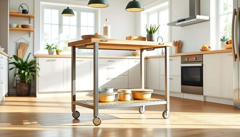 A portable, space-saving kitchen island with a sleek, minimalist design, featuring a solid wood or butcher block countertop, a sturdy metallic frame, and casters for easy mobility. The island is set against a bright, airy kitchen backdrop, with natural lighting streaming in through large windows. The scene has a modern, Scandinavian-inspired aesthetic, with clean lines and a focus on functionality. The island's compact size and versatile design make it an ideal solution for small kitchens, providing extra prep space, storage, and a potential dining area.
