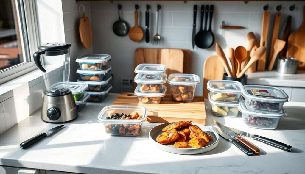 A pristine kitchen counter showcases a well-organized display of meal prep containers, a sturdy cutting board, sharp knives, a sleek blender, and various cooking utensils. The scene is bathed in soft, natural lighting, casting gentle shadows that accentuate the textures and shapes of the items. The overall atmosphere exudes a sense of culinary preparedness, inspiring thoughts of nourishing, home-cooked meals. The arrangement is visually appealing, with the containers and tools positioned in a harmonious, eye-pleasing layout, ready to assist in the creation of a healthy and delicious blackened chicken and sweet potato dish.