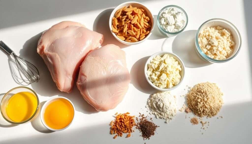 A pristine white countertop with a vibrant assortment of keto-friendly ingredients for fried chicken: large chicken breasts, almond flour, whisked eggs, grated Parmesan, crushed pork rinds, and fragrant spices like garlic powder, paprika, and black pepper. Soft natural lighting from the side casts dramatic shadows, highlighting the textures and colors of the mise en place. The composition is clean and organized, with the ingredients neatly arranged, inviting the viewer to imagine the delicious keto fried chicken that will soon emerge from this carefully curated selection.