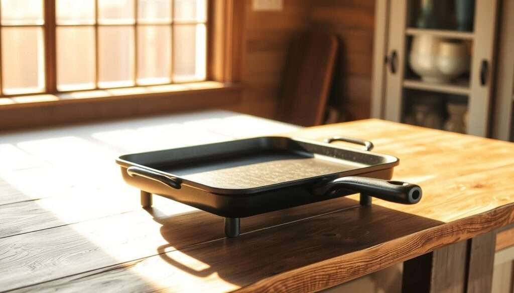 A rustic Blackstone griddle stands atop a weathered wood countertop, its cast iron surface gleaming in the warm, natural light. The countertop is made of reclaimed wood planks, their distressed, knotty textures adding an authentic, artisanal charm to the scene. Sunlight filters in through a large window, casting a soft, golden glow and creating subtle shadows that accentuate the griddle's utilitarian form. The overall atmosphere is one of cozy, inviting rustic elegance, perfectly suited for an outdoor kitchen setup that celebrates the beauty of simple, functional design.