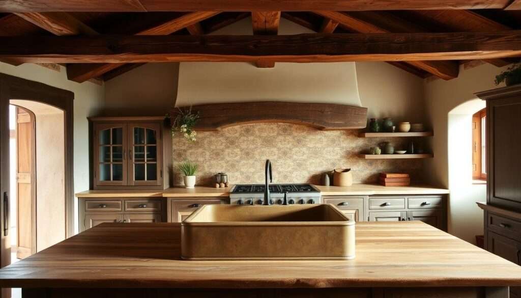 A rustic Tuscan farmhouse kitchen with a large, deep farmhouse sink set in a solid wood countertop. The sink is surrounded by natural stone tiles in warm earth tones, with wrought iron hardware and fixtures. Overhead, a large wood beam ceiling with exposed rafters casts a soft, natural light throughout the space. In the background, a vintage-inspired tile backsplash in a subtle pattern adds texture and character. The overall atmosphere is one of timeless, countryside charm and functionality.