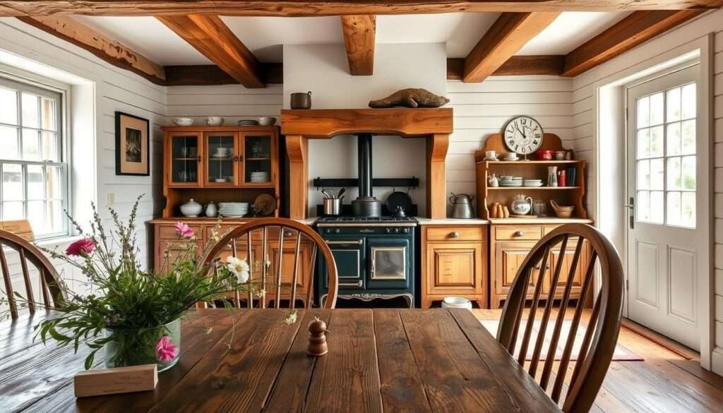 A rustic country kitchen with a warm, inviting ambiance. The foreground features a weathered wooden dining table adorned with fresh wildflowers, surrounded by classic Windsor chairs. In the middle ground, a vintage freestanding stove stands proudly, its cast iron surface gleaming in the soft, natural lighting filtering through the large, multipaned windows. The background showcases exposed wood beams, whitewashed shiplap walls, and an antique hutch displaying an eclectic mix of heirloom dishware. The overall scene evokes a sense of timeless elegance and a cozy, lived-in charm, perfect for an elegant country retreat.
