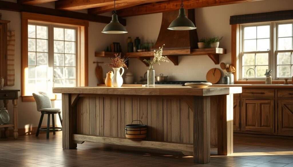A rustic farmhouse kitchen island crafted from natural materials, bathed in warm, soft lighting. The weathered wood top and sturdy, distressed legs evoke a sense of timeless charm. Organic textures and earthy tones create a cozy, inviting atmosphere. A mix of contemporary and vintage décor elements lend the island a lived-in, character-filled aesthetic. Sunlight streams in through large windows, casting a gentle glow over the scene. The island's simple, functional design is the perfect centerpiece for a charming, rural-inspired kitchen.