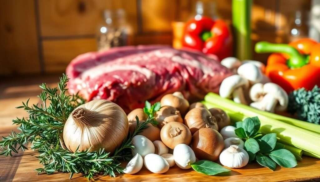 A rustic kitchen counter, bathed in warm, natural lighting, showcases the essential ingredients for a hearty keto beef stew. In the foreground, a selection of fresh thyme, rosemary, and bay leaves nestles alongside a large, unpeeled onion and a handful of garlic cloves. In the middle ground, a thick, juicy beef chuck roast rests, awaiting its transformation into the savory stew. Complementing the meat, a variety of mushrooms, celery stalks, and a vibrant red bell pepper create a symphony of textures and flavors. The background features a few glass jars filled with aromatic spices, casting subtle shadows on the wooden surface. The overall scene conveys a sense of wholesome, homemade comfort, perfectly suited for a slow-cooked keto beef stew.