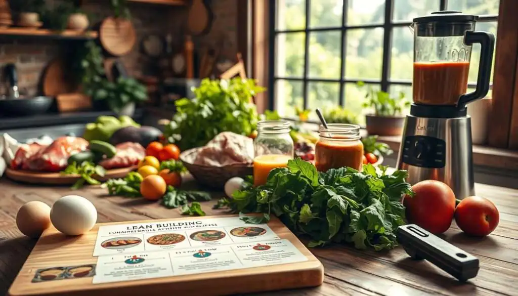 A rustic kitchen counter with an array of fresh, vibrant ingredients - lean meats, eggs, leafy greens, and a variety of nutrient-dense vegetables. The lighting is soft and warm, casting a golden glow over the scene. In the foreground, a sleek cutting board showcases a variety of muscle-building recipes, with detailed illustrations of the preparation steps. The middle ground features a modern blender and a mason jar filled with a high-protein smoothie, while the background shows a large window overlooking a lush, verdant garden. The overall mood is one of health, wellness, and culinary inspiration.