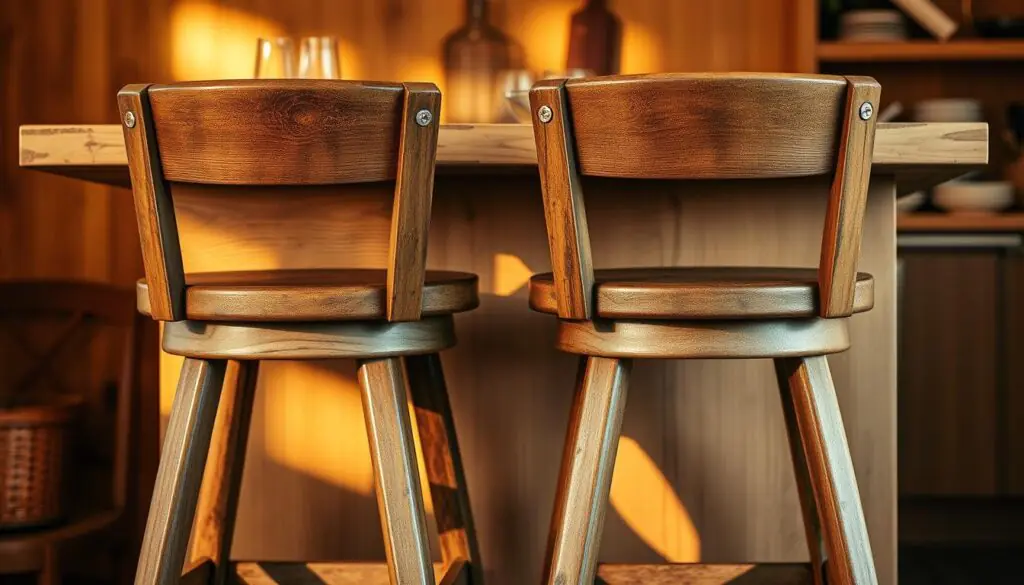 A rustic wooden bar stool set against a warm, cozy backdrop. The stools feature a distressed, weathered finish with visible wood grain and a sturdy, tapered silhouette. Soft, ambient lighting casts a golden glow, accentuating the natural textures. The stools are positioned in a visually pleasing arrangement, inviting the viewer to imagine themselves seated at a charming, country-inspired kitchen island. The overall scene evokes a sense of rustic elegance and timeless appeal.