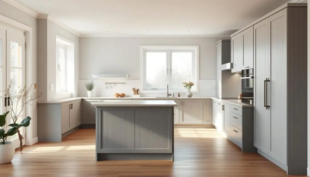 A serene and well-lit Scandinavian kitchen, featuring sleek and minimalist gray Shaker-style cabinetry. The cabinets are crafted with clean lines and a subtle texture, creating a sense of understated elegance. Soft natural light filters in through large windows, casting a warm glow on the space. The kitchen countertops are a complementary neutral tone, seamlessly blending with the cabinetry. A simple, yet refined backsplash adds a touch of visual interest, while the hardwood flooring grounds the scene with its natural charm. The overall atmosphere is one of calm, uncluttered sophistication - a perfect embodiment of Scandinavian design principles.