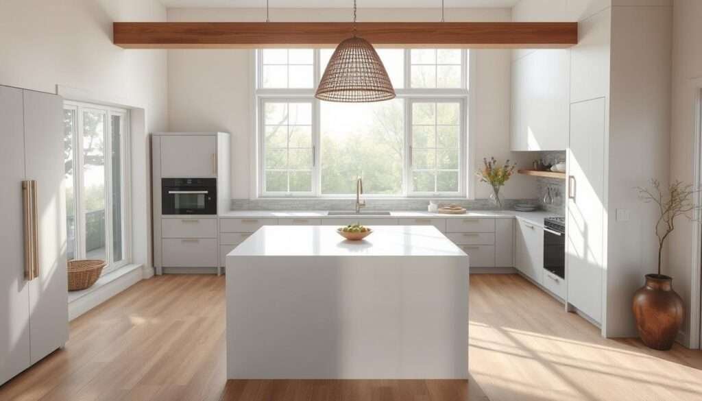A serene, minimalist kitchen with clean lines and a zen-inspired ambiance. Natural light floods the space through large windows, casting a warm glow on the muted color palette of grays, whites, and wood tones. A central island with a sleek, uncluttered countertop anchors the room, complemented by simple, streamlined cabinetry. Subtle textures, such as a woven pendant light and a stone backsplash, add depth and interest. The overall atmosphere evokes a sense of calm, tranquility, and mindful living, blending sophistication with functionality.