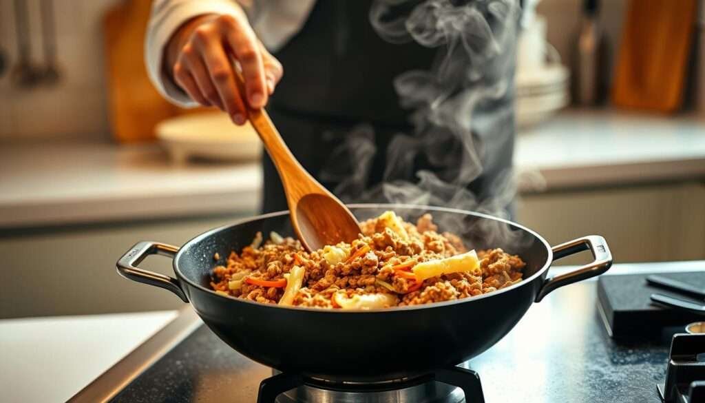 A simple egg roll skillet cooking process in a well-lit kitchen. In the foreground, a large skillet sits on a stovetop, filled with a sizzling mixture of ground pork, shredded cabbage, carrots, and aromatic seasonings. Wisps of steam rise from the pan, creating a captivating scene. In the middle ground, a chef's hand skillfully stirs the contents with a wooden spoon, blending the flavors. The background is softly blurred, with a clean, minimalist countertop and a few kitchen utensils visible, conveying a sense of focused culinary expertise. The lighting is warm and natural, casting a golden glow over the scene and accentuating the textures and colors of the ingredients. The overall mood is one of simplicity, efficiency, and the beauty of the cooking process.