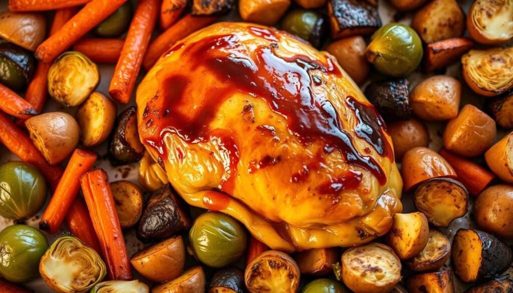 A simple yet stunning sheet pan dinner, with a golden-brown balsamic glazed chicken surrounded by a medley of roasted vegetables - vibrant carrots, earthy brussels sprouts, and tender potatoes. The succulent chicken glistens under the warm, soft lighting, its caramelized edges adding depth and richness. The vegetables, perfectly charred and caramelized, create a harmonious blend of textures and flavors. The entire scene is bathed in a cozy, inviting atmosphere, captured from a slightly elevated angle to showcase the tantalizing dish. This effortless, one-pan meal radiates the comforting aromas of a home-cooked dinner, sure to delight the senses and leave you eager to savor every bite.