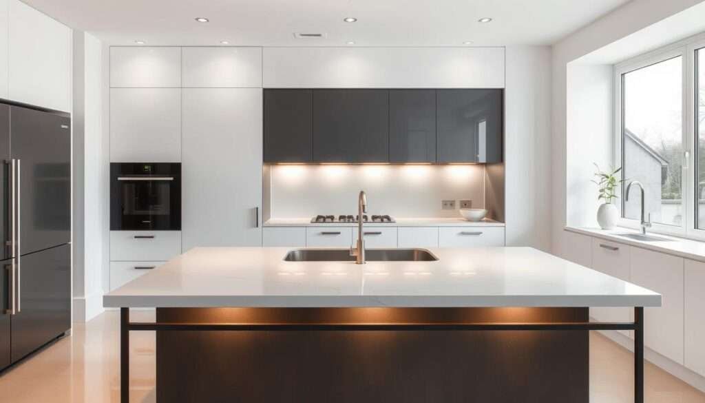 A sleek and minimalist kitchen island design with a clean, uncluttered aesthetic. The island has a smooth, white stone surface with subtle veining, atop a simple, black metal frame. Recessed LED lighting illuminates the island's surface, casting a warm, ambient glow. The island's design is characterized by clean lines, geometric shapes, and a lack of excessive ornamentation, creating a serene and sophisticated focal point in the kitchen. The island is situated in a bright, naturally-lit kitchen with white walls and minimal decor, allowing the island's minimalist features to take center stage.