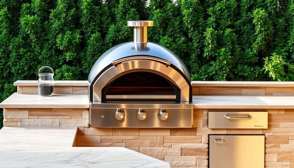 A sleek and modern Blackstone pizza oven combo sits atop warm stone countertops, surrounded by a clean, contemporary outdoor kitchen setup. Warm, natural lighting casts a soft glow, highlighting the textured surfaces and metallic accents. The pizza oven's polished stainless steel exterior gleams, inviting you to imagine the delicious, wood-fired creations it can produce. Lush, green foliage in the background creates a serene, backyard ambiance, perfectly complementing the stylish, yet functional design. The scene exudes a perfect balance of rustic charm and refined sophistication, capturing the essence of the "Blackstone Pizza Oven Combo" section.