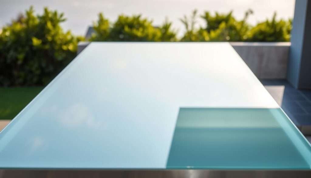 A sleek and modern glass outdoor kitchen countertop, meticulously crafted with a seamless, glossy surface that reflects the surrounding environment. Positioned against a backdrop of lush greenery and a clear sky, the countertop exudes a sense of sophistication and minimalism. Soft, natural lighting casts a warm glow, accentuating the transparent and ethereal quality of the glass. The countertop appears to float effortlessly, creating an illusion of weightlessness and elegance. The overall composition captures the essence of a high-end, contemporary outdoor kitchen design that is both visually stunning and functional.