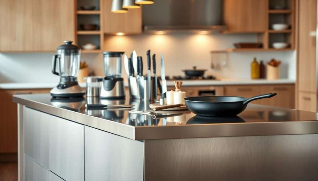 A sleek and modern stainless steel kitchen island dominates the center of the frame, its polished surface gleaming under the warm, diffused lighting. Atop the island, an array of premium culinary tools and appliances are neatly arranged, including a high-end blender, a set of hand-forged knives, and a cast-iron skillet. The island's clean lines and minimalist design create a sense of sophistication, while the stainless steel finish gives it a durable, professional-grade appearance. In the background, the rest of the kitchen fades into a soft, blurred focus, allowing the island to take center stage as the focal point of the scene.