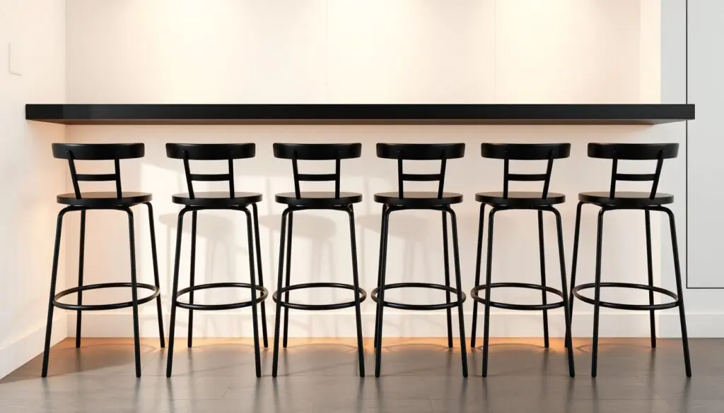 A sleek and sophisticated kitchen bar setting, featuring a row of classic black and white stools arranged in a symmetrical pattern. The stools have a minimalist, streamlined design with sturdy, tapered legs and a subtly contoured seat. Warm, indirect lighting softly illuminates the scene, casting gentle shadows and highlights that accentuate the monochromatic palette. The stools are positioned against a backdrop of plain, white walls, allowing them to take center stage and create a timeless, elegant atmosphere. The overall composition exudes a sense of refined simplicity, perfectly suiting the "Classic Black and White Stools" theme.