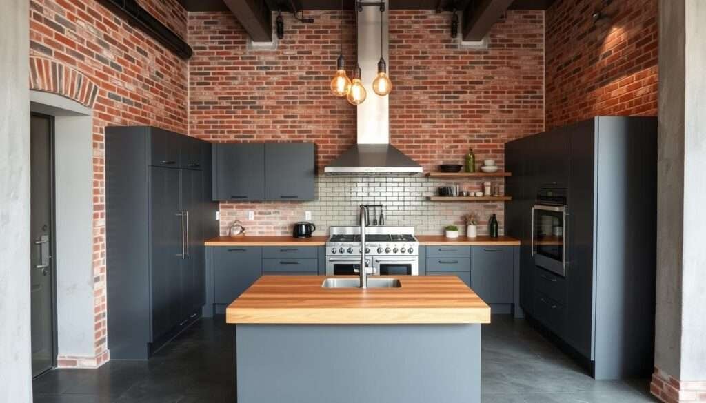 A sleek, industrial-inspired kitchen with exposed brick walls, polished concrete floors, and metal accents. Overhead, a trio of pendant lights with vintage-style bulbs casts a warm, ambient glow. In the center, a large farmhouse-style sink anchors the design, surrounded by minimal, handleless cabinets in a muted charcoal hue. A stainless steel range and backsplash add a touch of modern elegance, while a wooden butcher block countertop introduces natural warmth. The space feels both stylish and functional, blending industrial charm with sophisticated design elements.