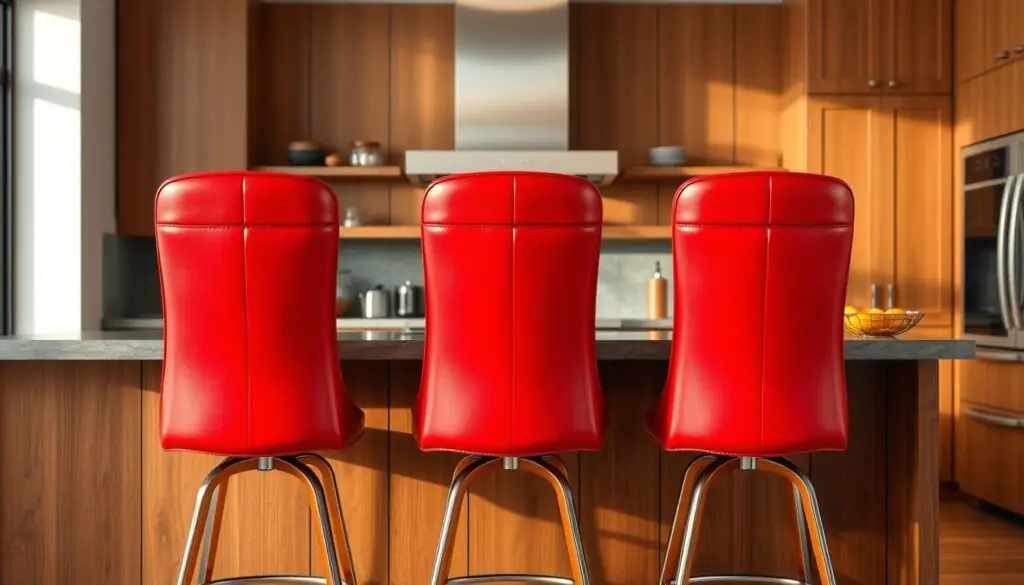 A sleek, modern kitchen bar with three bold, red leather stools sitting elegantly against a backdrop of warm, earthy tones. The stools feature a high-backed, curved design with a smooth, supple leather finish that exudes a luxurious, sophisticated vibe. Soft, directional lighting casts a flattering glow, accentuating the rich, crimson hue of the leather and creating a cozy, inviting atmosphere. The scene is captured from a slightly elevated angle, showcasing the stools' impressive height and the overall harmonious integration within the kitchen's stylish, contemporary aesthetic.