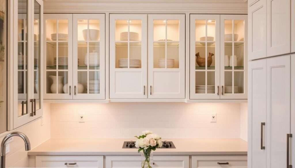 A small, well-organized kitchen with pristine white Shaker-style cabinets. In the foreground, glass-front upper cabinets showcase neatly arranged dishware and decorative items, illuminated by soft, warm lighting. The cabinets' clean lines and reflective surfaces create a sense of airiness and sophistication. The middle ground features a minimalist countertop with a simple vase of flowers, while the background subtly hints at neutral wall tiles and a hardwood floor, completing the harmonious, elegant composition.