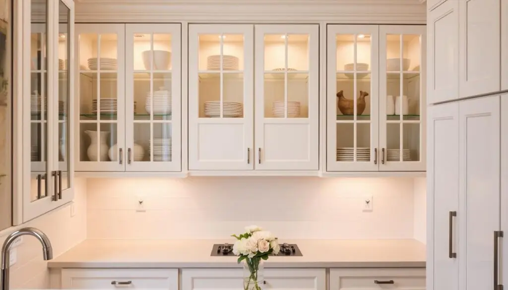 A small, well-organized kitchen with pristine white Shaker-style cabinets. In the foreground, glass-front upper cabinets showcase neatly arranged dishware and decorative items, illuminated by soft, warm lighting. The cabinets' clean lines and reflective surfaces create a sense of airiness and sophistication. The middle ground features a minimalist countertop with a simple vase of flowers, while the background subtly hints at neutral wall tiles and a hardwood floor, completing the harmonious, elegant composition.