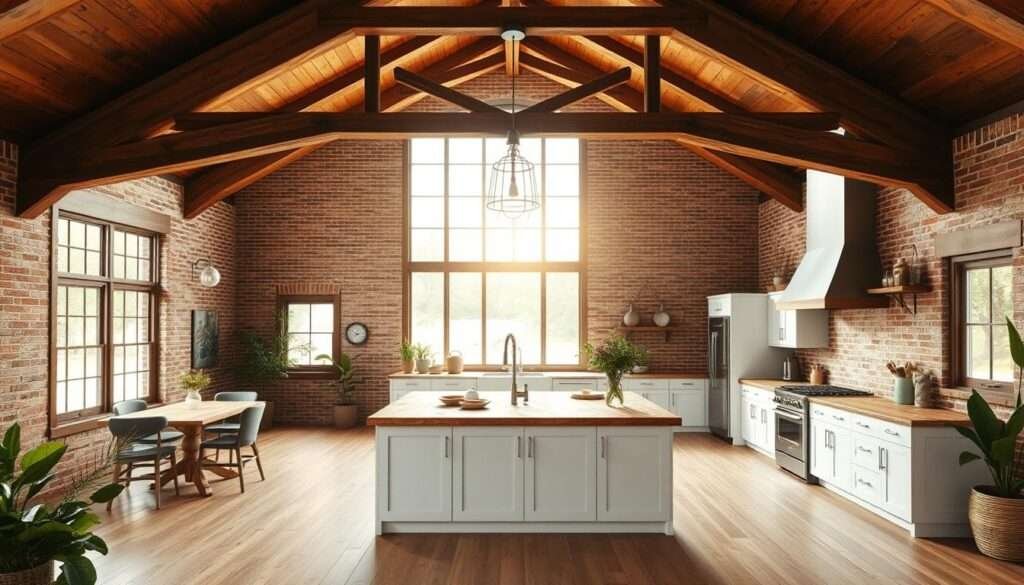 A spacious and inviting barndominium kitchen, filled with warm natural light streaming through large windows. The open floor plan features a central island with a rich wood countertop, surrounded by sleek white cabinetry and stainless steel appliances. Rustic beams accent the high ceilings, complementing the exposed brick walls. Vintage-inspired pendant lights hang over the island, casting a soft glow. The kitchen seamlessly flows into a cozy dining area, creating an airy and cohesive space perfect for gathering. Lush indoor plants and earthy accents add organic touches, while the overall design blends modern and farmhouse elements for a stunning barndominium aesthetic.