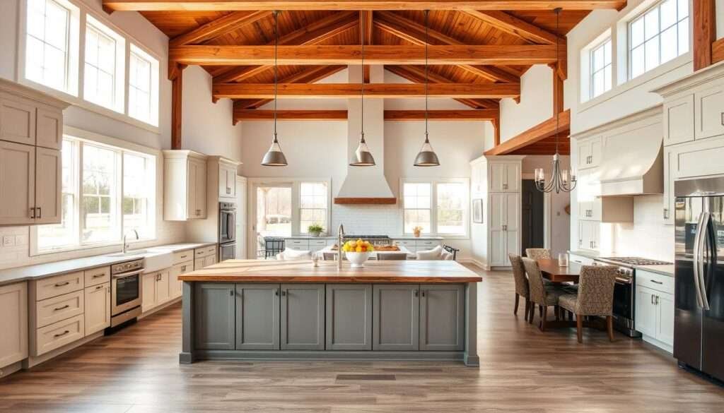 A spacious and inviting open concept barndominium kitchen, bathed in warm natural light streaming through large windows. The design features a central island with a rustic wood countertop, complemented by shaker-style cabinets in a soothing neutral color palette. Sleek stainless steel appliances and a subway tile backsplash add a modern touch, while exposed wooden beams and warm lighting create a cozy, farmhouse-inspired ambiance. The overall layout prioritizes functionality and flow, seamlessly integrating the kitchen with the surrounding living and dining areas for a harmonious, open-plan living experience.