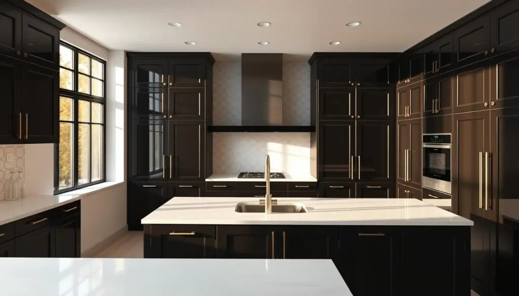 A spacious kitchen with floor-to-ceiling black cabinetry, its sleek and modern design accentuated by warm natural lighting from large windows. The cabinets are adorned with polished metal hardware, creating a harmonious interplay of textures. Beneath, a pristine white quartz countertop provides ample workspace, complemented by a minimalist, integrated sink. The room is bathed in a soft, ambient glow, creating an atmosphere of elegant sophistication.