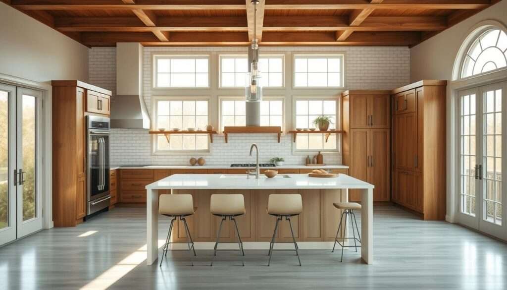 A spacious, modern kitchen featuring a harmonious blend of traditional and contemporary elements. The focal point is a large, central island with a sleek, quartz countertop and stylish bar stools. Warm, wooden cabinetry contrasts with crisp, white subway tiles and stainless steel appliances. Abundant natural light streams in through large windows, casting a soft, golden glow. Elegant pendant lights hang above the island, adding a touch of sophistication. The overall atmosphere is one of refined elegance and functional design, creating a transitional kitchen space that seamlessly merges the old and the new.