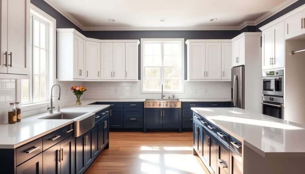 A spacious, modern kitchen with two-tone navy and white shaker-style cabinets. The clean, crisp white cabinets adorn the upper walls, creating an airy, elegant feel. The lower base cabinets are a rich, deep navy blue, adding depth and contrast. Bright, natural light floods the room through large windows, casting a warm glow on the sleek, minimalist countertops. Stainless steel appliances gleam, complementing the neutral color palette. The room exudes a sense of timeless sophistication, perfect for an upscale culinary space.