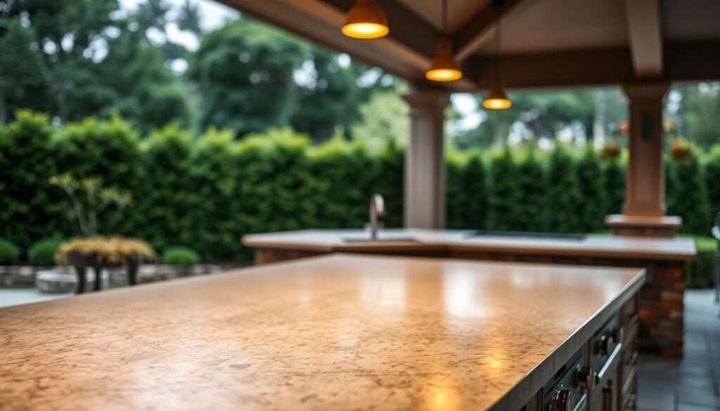 A spacious outdoor kitchen with durable, weatherproof countertops made of high-quality natural stone. The countertops are gently lit by warm, soft overhead lighting, casting a cozy ambiance. The surface is smooth and sleek, with subtle variations in the stone's pattern adding visual interest. In the background, a lush green landscape blurs softly, creating a sense of tranquility and connection to the outdoors. The overall scene exudes a sense of timeless elegance and functionality, perfect for entertaining or casual al fresco dining.