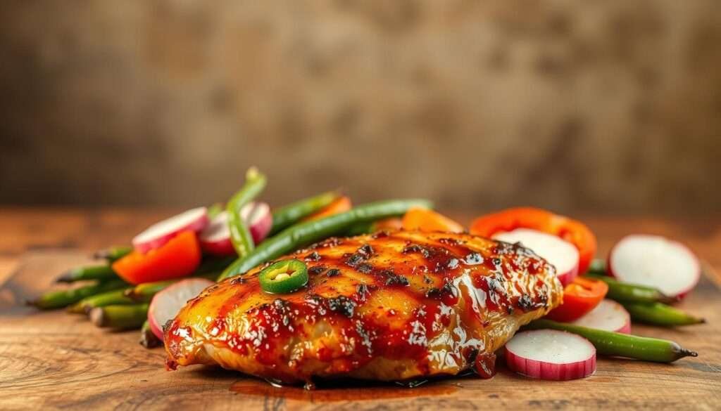 A spicy, keto-friendly chicken dinner set against a rustic, earthy backdrop. In the foreground, a succulent chicken breast, perfectly seared and glistening with a zesty, jalapeño-infused glaze. Surrounding it, a medley of roasted vegetables - tender green beans, crisp radish slices, and vibrant red bell peppers. The middle ground features a wooden table, its surface worn and weathered, complementing the natural textures. Warm, golden lighting casts a cozy glow, illuminating the dish and creating a welcoming atmosphere. In the background, a simple, minimalist setting with neutral tones, allowing the flavorful chicken to take center stage. An enticing and satisfying keto-compliant meal, full of bold flavors and healthy ingredients.