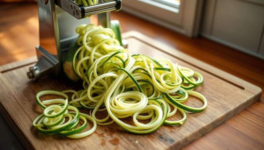 A stainless steel spiral vegetable slicer spiralizing a large, fresh green zucchini into thin, uniform ribbons on a rustic wooden cutting board. The zucchini noodles are illuminated by soft, natural lighting from a window, casting gentle shadows. The scene has a warm, homey atmosphere, capturing the process of preparing the zucchini for a baked lasagna dish. The camera angle is slightly elevated, providing a clear, unobstructed view of the spiralizing action. The background is subtly blurred, keeping the focus on the central task of creating zucchini noodles.