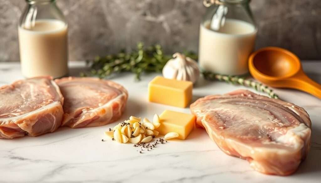 A still life arrangement of essential ingredients for creamy garlic butter pork chops. In the foreground, several thick-cut, bone-in pork chops rest on a white marble surface, their succulent meat glistening under warm, directional lighting. In the middle ground, a pat of rich, golden butter, minced garlic cloves, and freshly cracked black pepper create a tantalizing composition. The background features a bottle of heavy cream, fresh thyme sprigs, and a wooden spoon, hinting at the layered flavors to come. The scene evokes a sense of rustic elegance, inviting the viewer to imagine the tender, flavor-packed pork chops soon to be prepared.